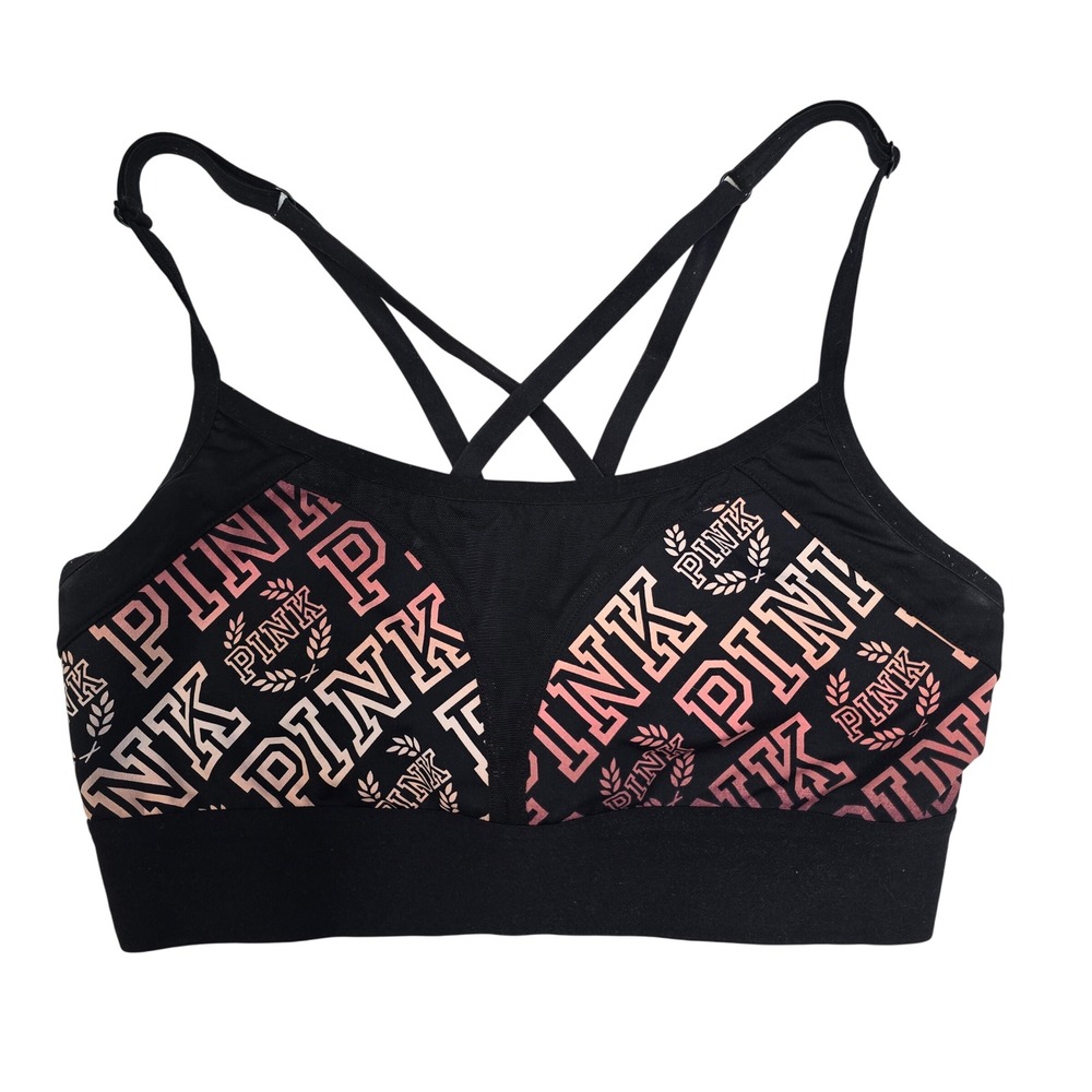 Victoria's Secret PINK Ultimate Unlined Sports Bra Black Rose Gold Logo Medium